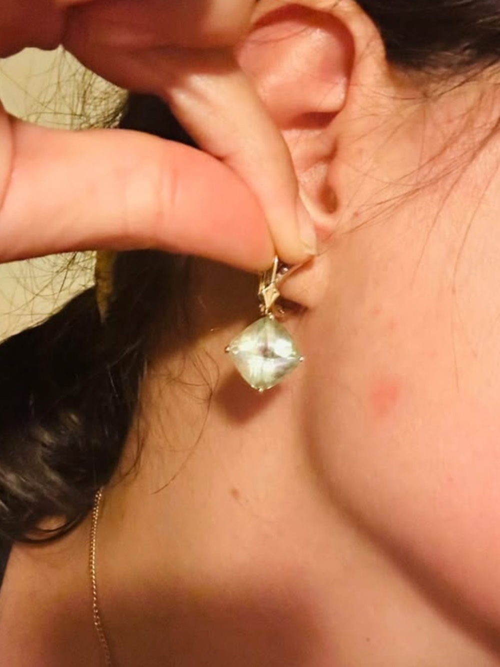 14K Solid Gold Green Amethyst Earrings long dangle solid 14K gold earrings - Picture 5 of 5